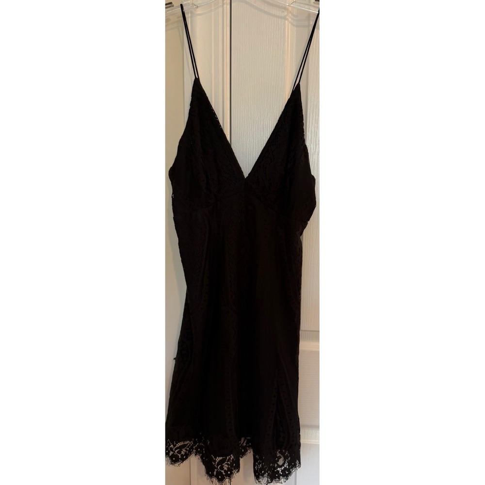 Lush Black Lace Mini Dress V-Neck Strappy Tie Back Eyelash Hem LD41990-S05 Small